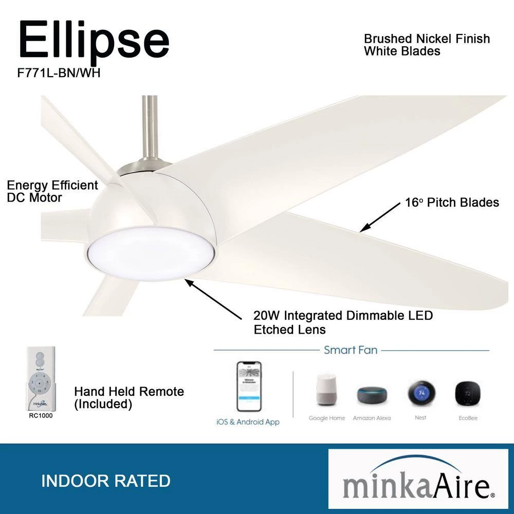Ellipse 60 in. Integrated LED Indoor Brushed Nickel White Blades Smart Ceiling Fan with Light and Remote Control by MINKA-AIRE - Image 4