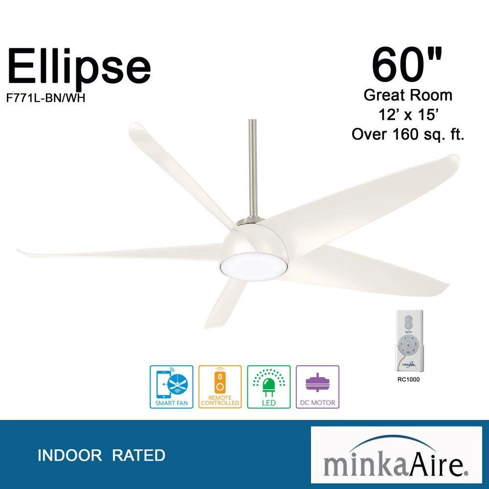 Ellipse 60 in. Integrated LED Indoor Brushed Nickel White Blades Smart Ceiling Fan with Light and Remote Control by MINKA-AIRE - Image 2