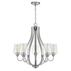 Newport Metal 5-Light Brushed Steel Chandelier with Clear White Glass Shades by CAL Lighting