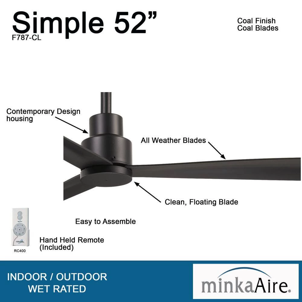 Simple 52 in. Indoor/Outdoor Coal Ceiling Fan with Remote Control by MINKA-AIRE - Image 7