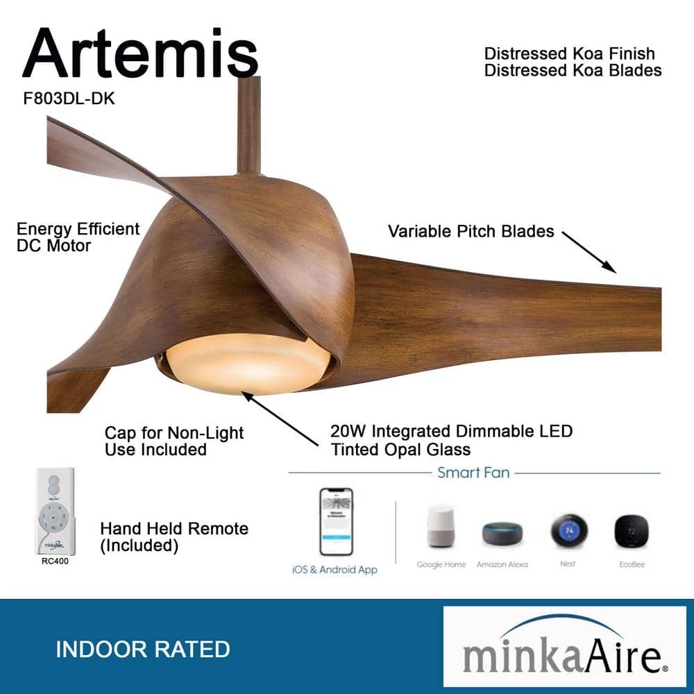 Artemis 58 in. Integrated LED Indoor Distressed Koa Ceiling Smart Fan with Light and Remote Control by MINKA-AIRE - Image 5