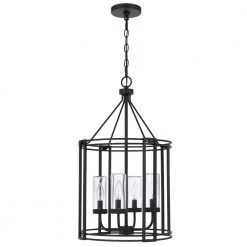 Luton Cage 4-Light Iron Metal Chandelier with Clear Cylinder Glass Shades by CAL Lighting