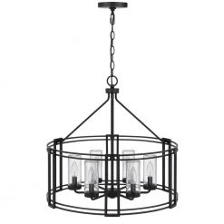 Luton Cage 6-Light Iron Metal Chandelier with Clear Cylinder Glass Shades by CAL Lighting
