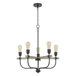 Sion 29.5 in. H 5-Light Natural Wood/Iron Metal Chandelier by CAL Lighting