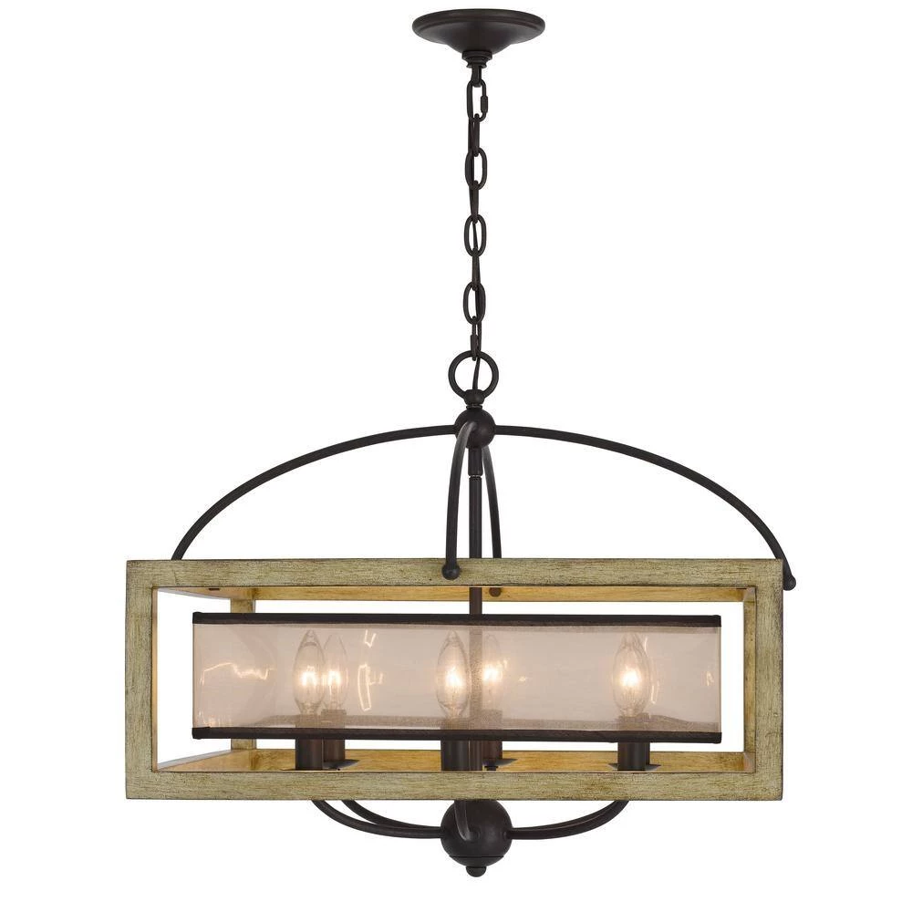 Palencia Rubber Wood 6-Light Oak Square Chandelier with Organza Fabric Shade by CAL Lighting - Image 2
