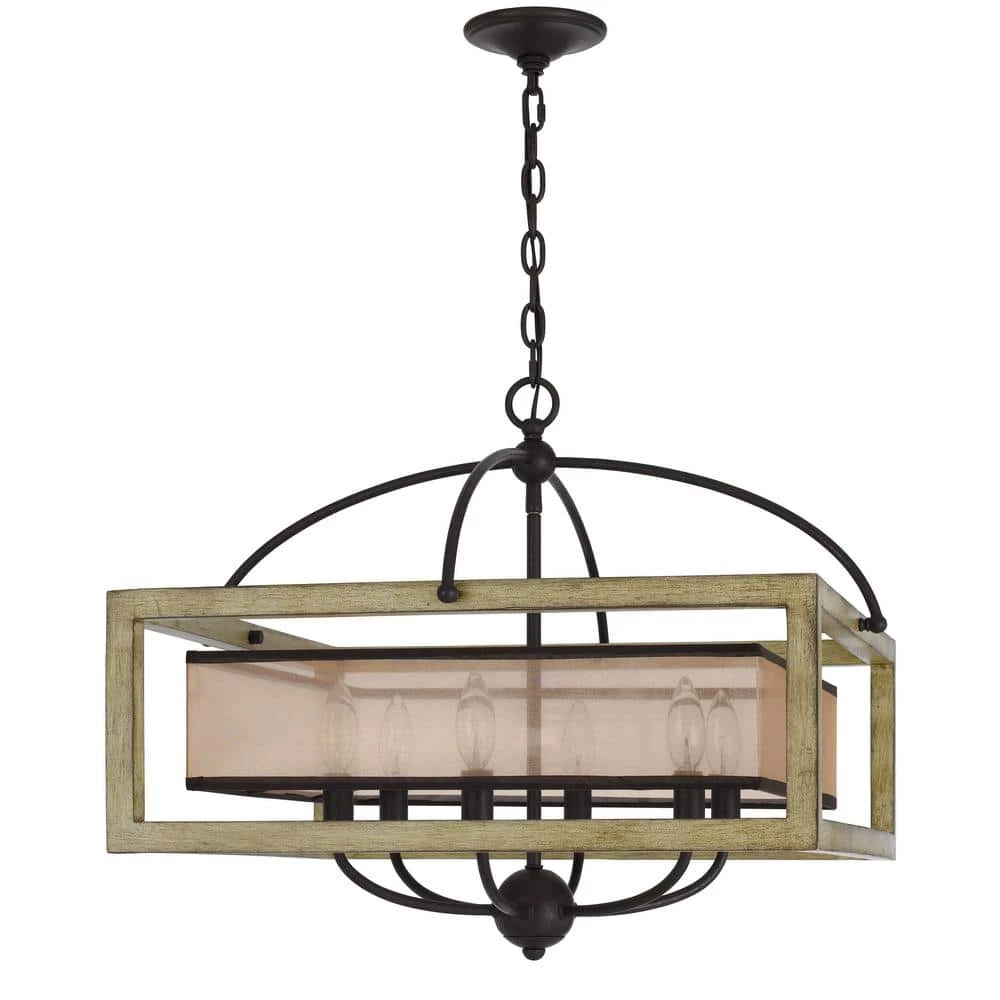 Palencia Rubber Wood 6-Light Oak Square Chandelier with Organza Fabric Shade by CAL Lighting