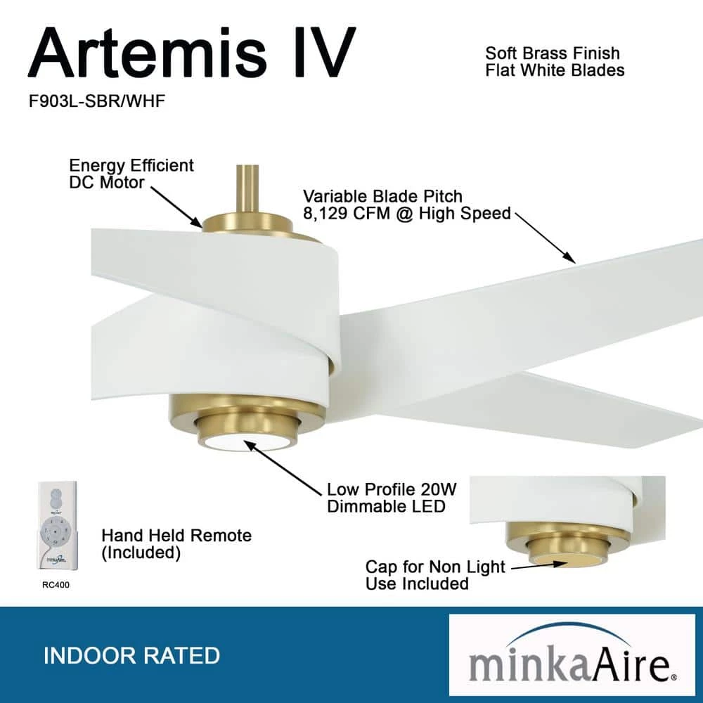 Artemis IV 64 in. Integrated LED Indoor Soft Brass and Flat White Ceiling Fan with Light and Remote Control by MINKA-AIRE - Image 4