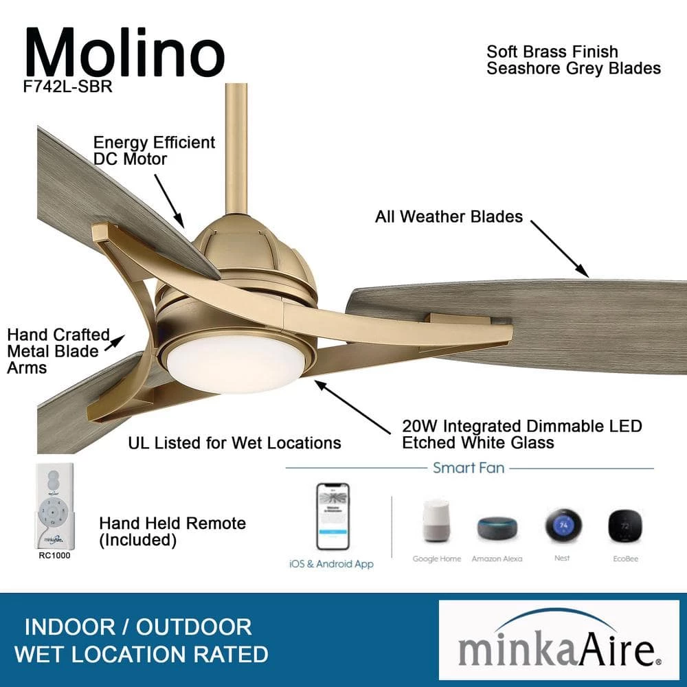 Molino 65 in. Integrated LED Indoor/Outdoor Soft Brass Smart Ceiling Fan with Light and Remote Control by MINKA-AIRE - Image 5