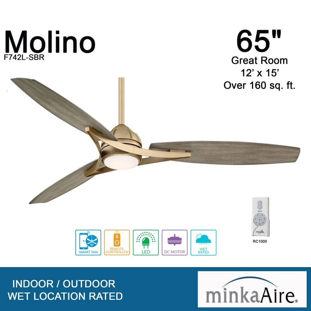 Molino 65 in. Integrated LED Indoor/Outdoor Soft Brass Smart Ceiling Fan with Light and Remote Control by MINKA-AIRE - Image 2